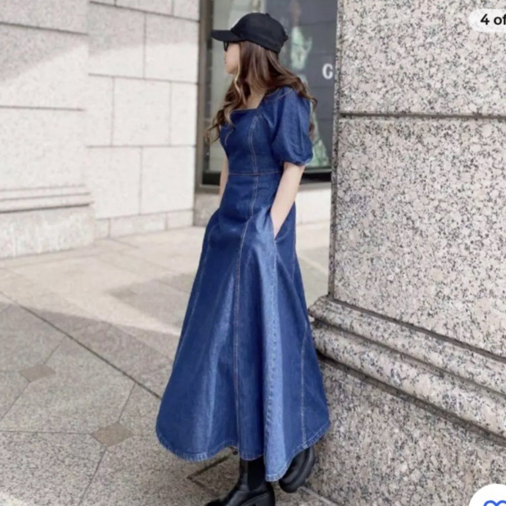 💙 ZARA DARK WASH DENIM PUFF SLEEVE MAXI DRESS!